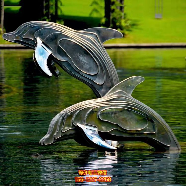 不銹鋼海豚雕塑，池塘水景抽象海豚景觀動(dòng)物雕塑