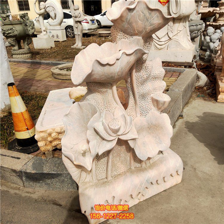 晚霞紅大理石水景蓮花、荷花、荷葉景觀擺件