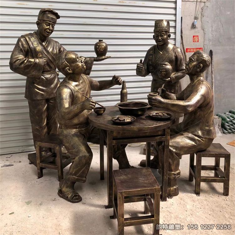 玻璃鋼劃拳喝酒人物雕塑，飯桌吃飯情景雕塑