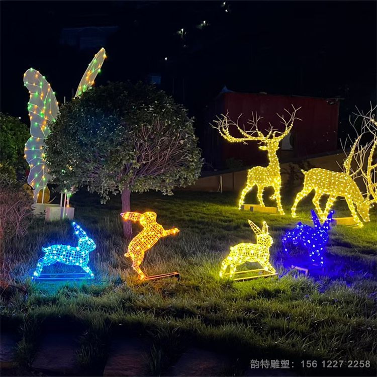 不銹鋼鏤空兔子雕塑定做，不銹鋼發(fā)光動(dòng)物雕塑大全